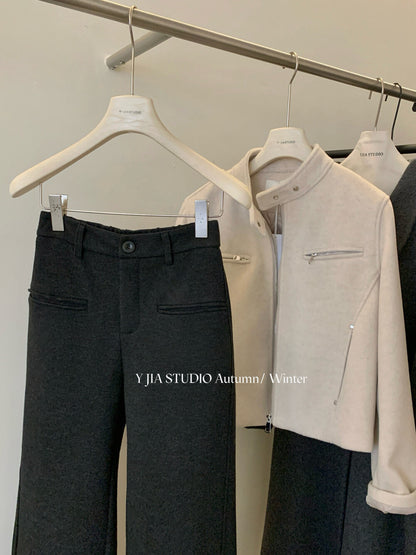 【LY9588】實拍Y.JIA 簡約毛呢加絨加厚微喇休閒褲251208