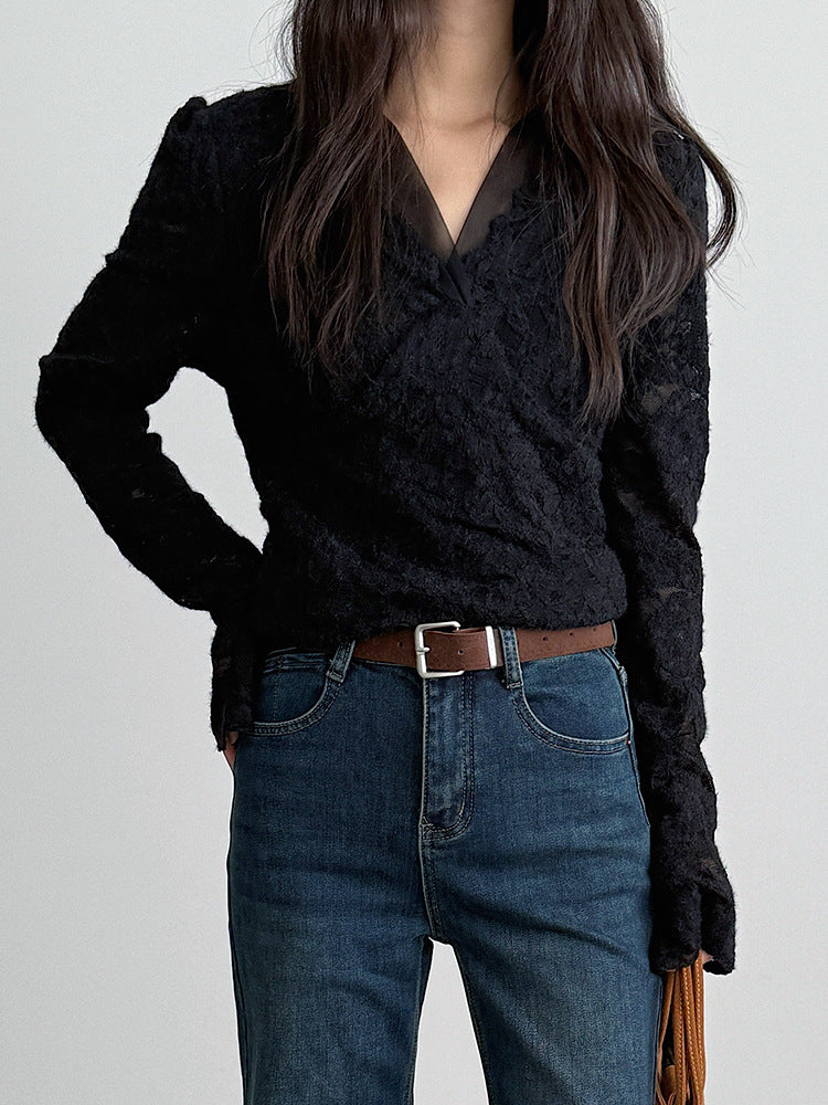 【LD3295】實拍法式喇叭袖加絨蕾絲衫251103