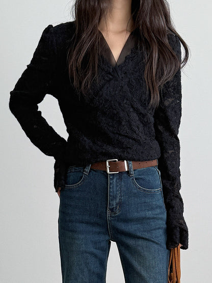 【LD3295】實拍法式喇叭袖加絨蕾絲衫251103