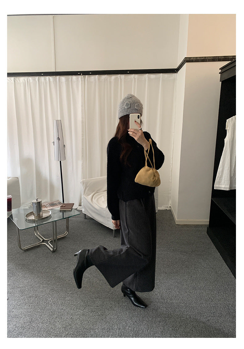 【H5491】實拍秋冬毛呢鬆緊腰加厚闊腿休閒褲251109