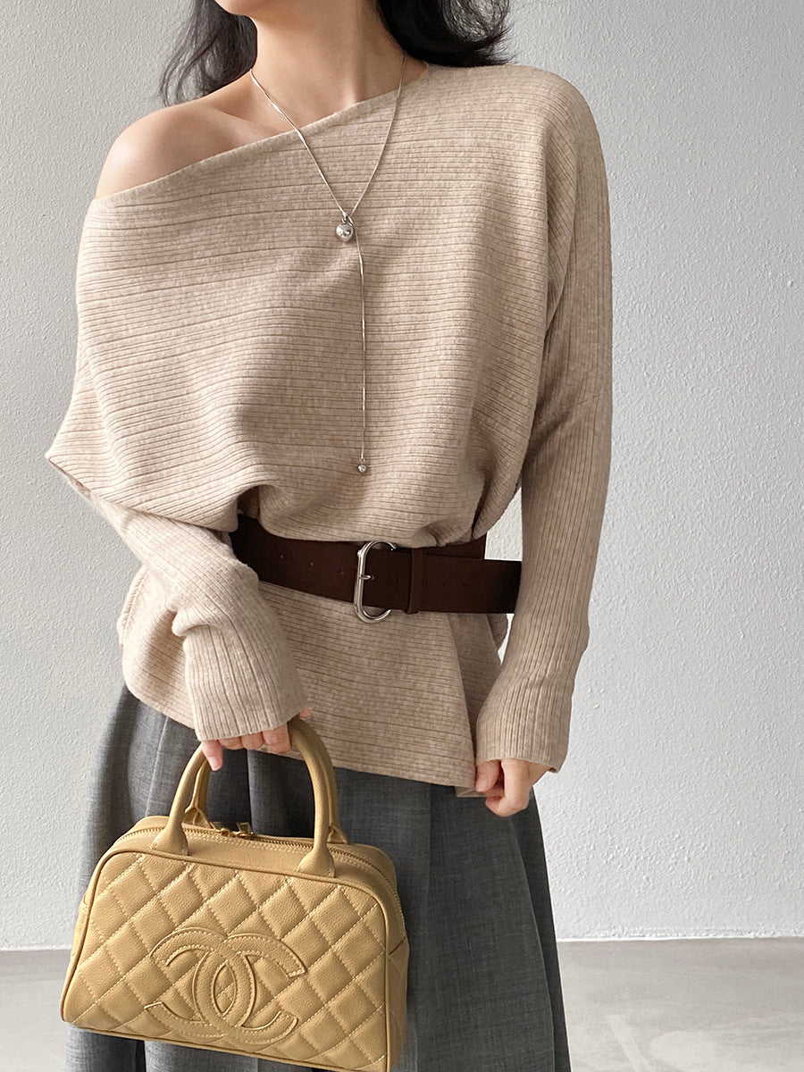 【cim9033】實拍韓系高級感長袖斜肩針織衫＋腰帶251030