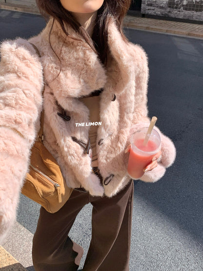 【L1230】實拍檸檬冬季加厚保暖立領牛角扣仿皮草外套251117