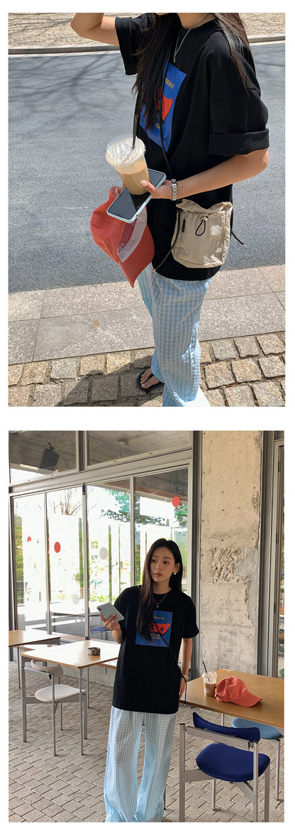 【H5211】實拍美式撞色字母印花寬鬆圓領短袖T恤250422