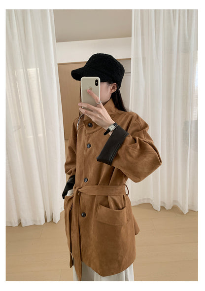 【H569】實拍復古個性皮革拼麂皮絨大衣外套＋麂皮肩背包251021