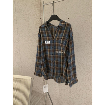 【L11087】檸檬早秋新款慵懶輕質感格紋寬鬆顯瘦長袖襯衫260728