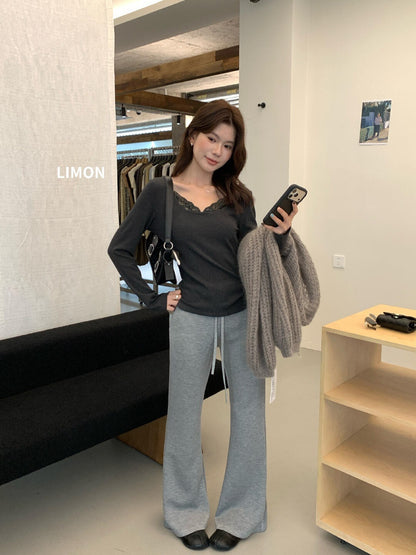 【LTM1935】檸檬家韓系超顯瘦垂墜感微喇叭抽繩休閒棉褲260909