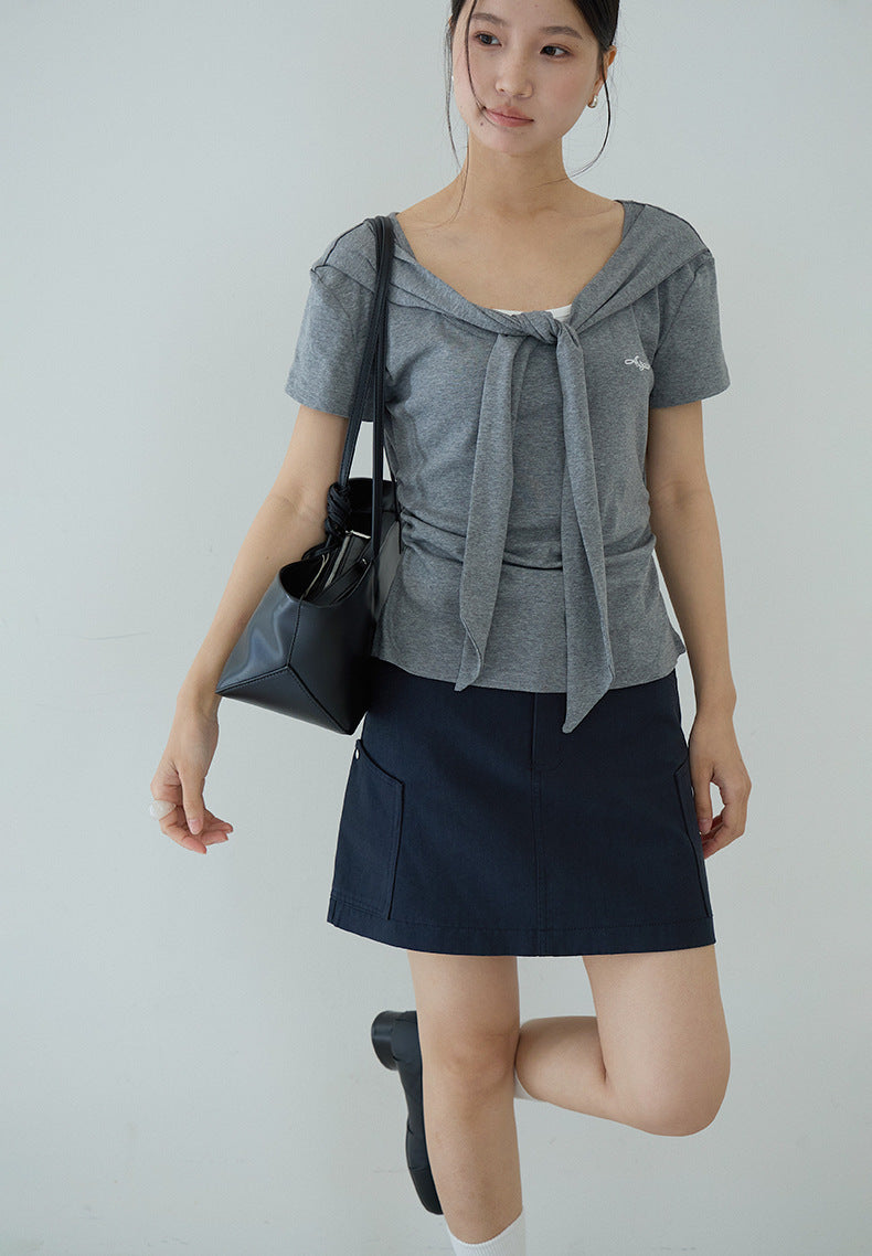 【LD11174】實拍設計感韓系絕美粉色帶披肩/綁帶假兩件短袖T恤260317