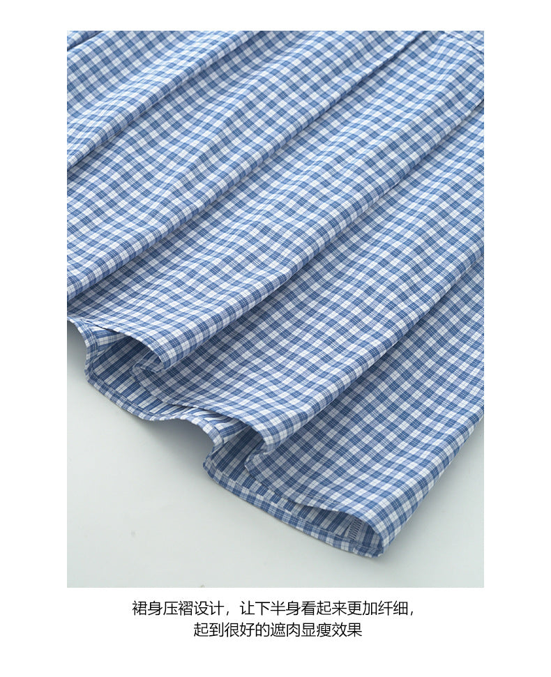 【H5348】實拍夏天藍白格襯衫百褶洋裝250701