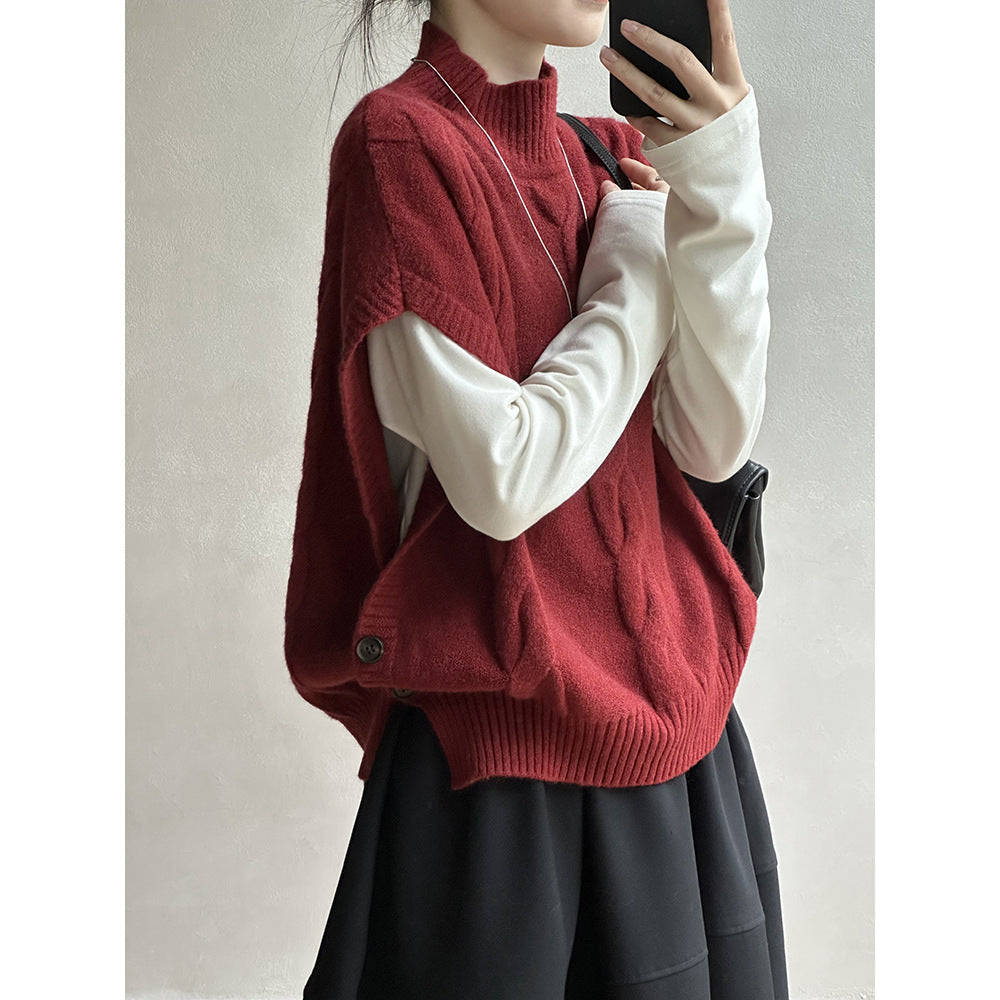 【YP744】復古麻花・半高領側釦疊穿針織背心261015