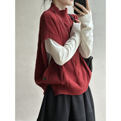 【YP744】復古麻花・半高領側釦疊穿針織背心261015