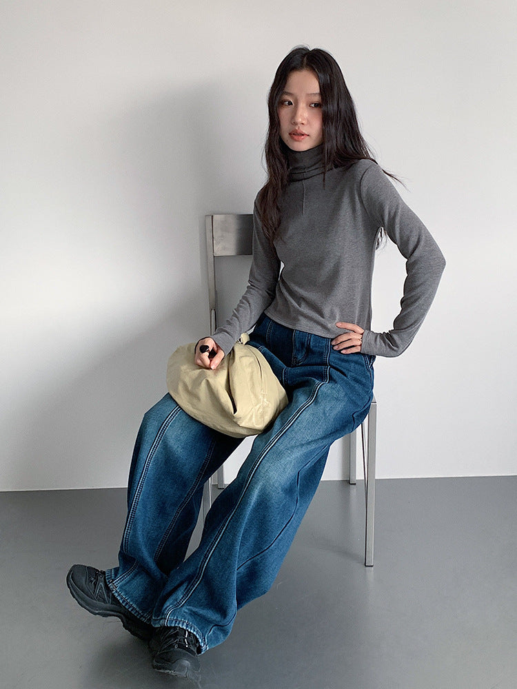 【LD11020】實拍S~XL加絨加厚復古水洗做舊彎刀闊腿牛仔褲251110