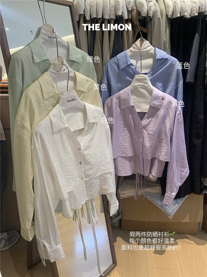 【L8359】實拍檸檬設計款假兩件長袖短版襯衫250414