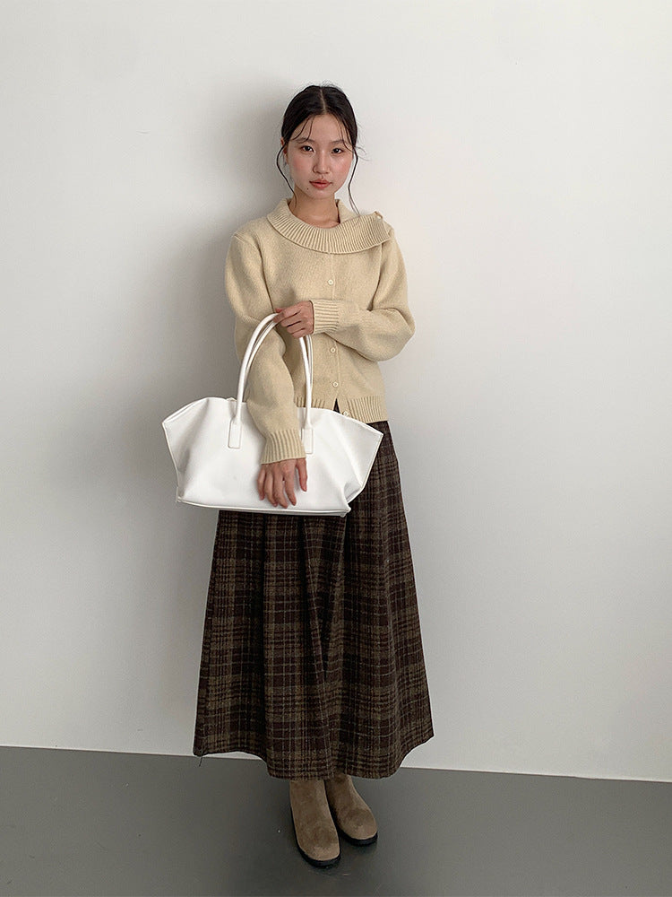 【LD11008】實拍復古毛呢格子高腰a字裙(左右有口袋）251110