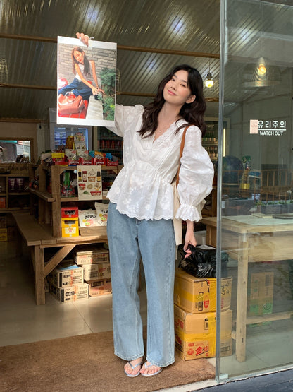 【L10108】實拍檸檬家法式少女感仙氣🌸重工V領刺繡設計泡泡袖白色襯衫260330