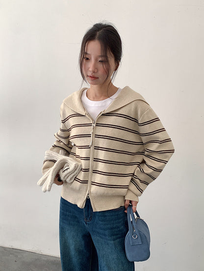 【LD11036】實拍雙頭拉鍊海軍領條紋針織開衫251202