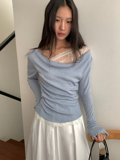 【L2788】實拍蕾絲拼接蕩領露肩長袖針織衫（6％羊毛）250825