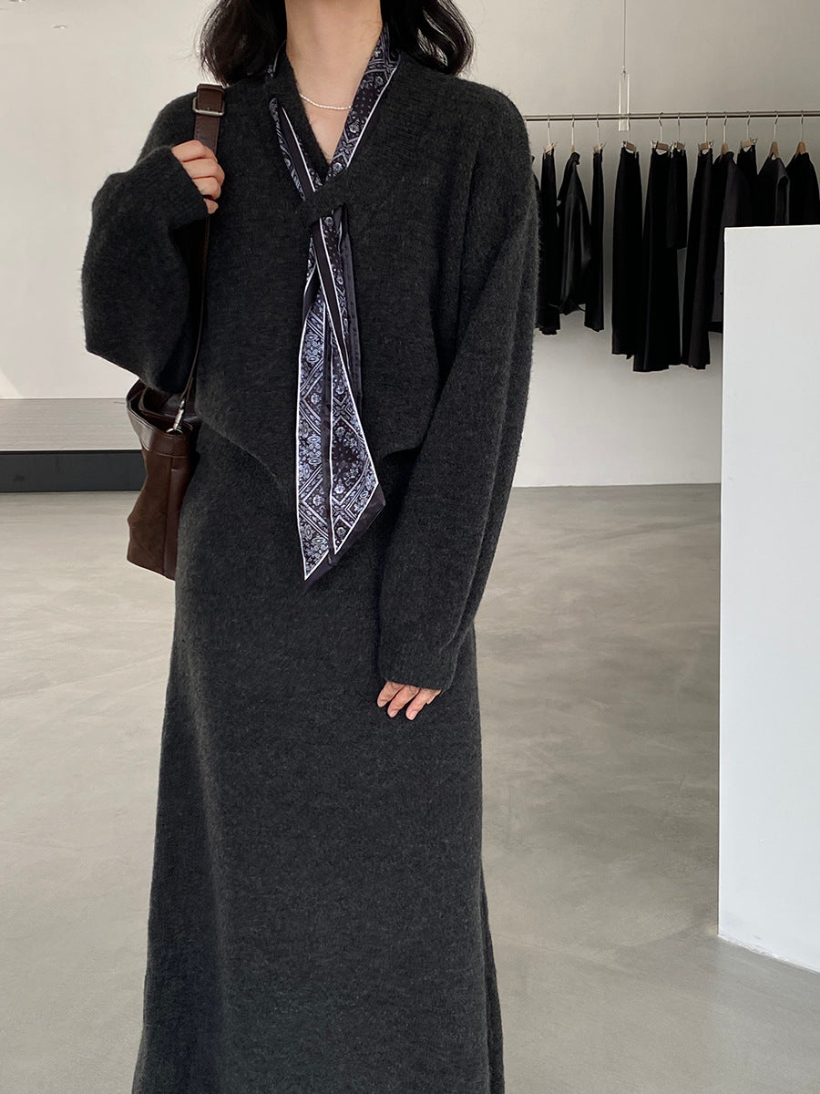 【cim823】實拍韓系軟糯短版針織毛衣+絲巾+針織長裙251030