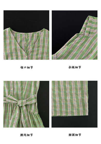 【cimz1962】夏日清爽蜜瓜奶綠🍈日系原創重工格紋綁帶連身長裙260625