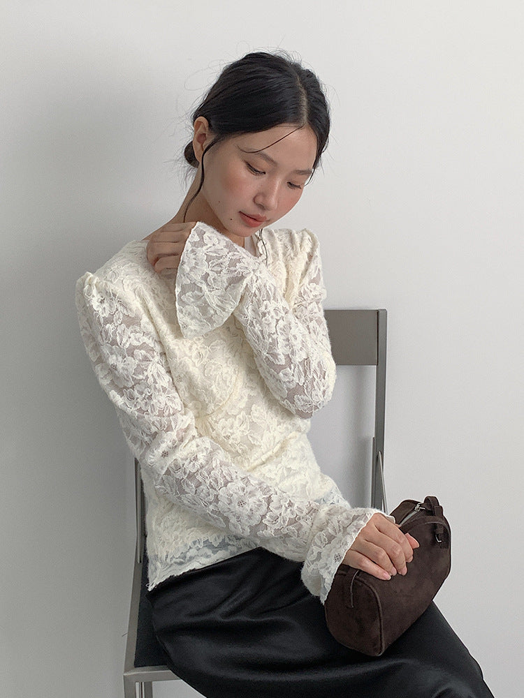 【LD3295】實拍法式喇叭袖加絨蕾絲衫251103