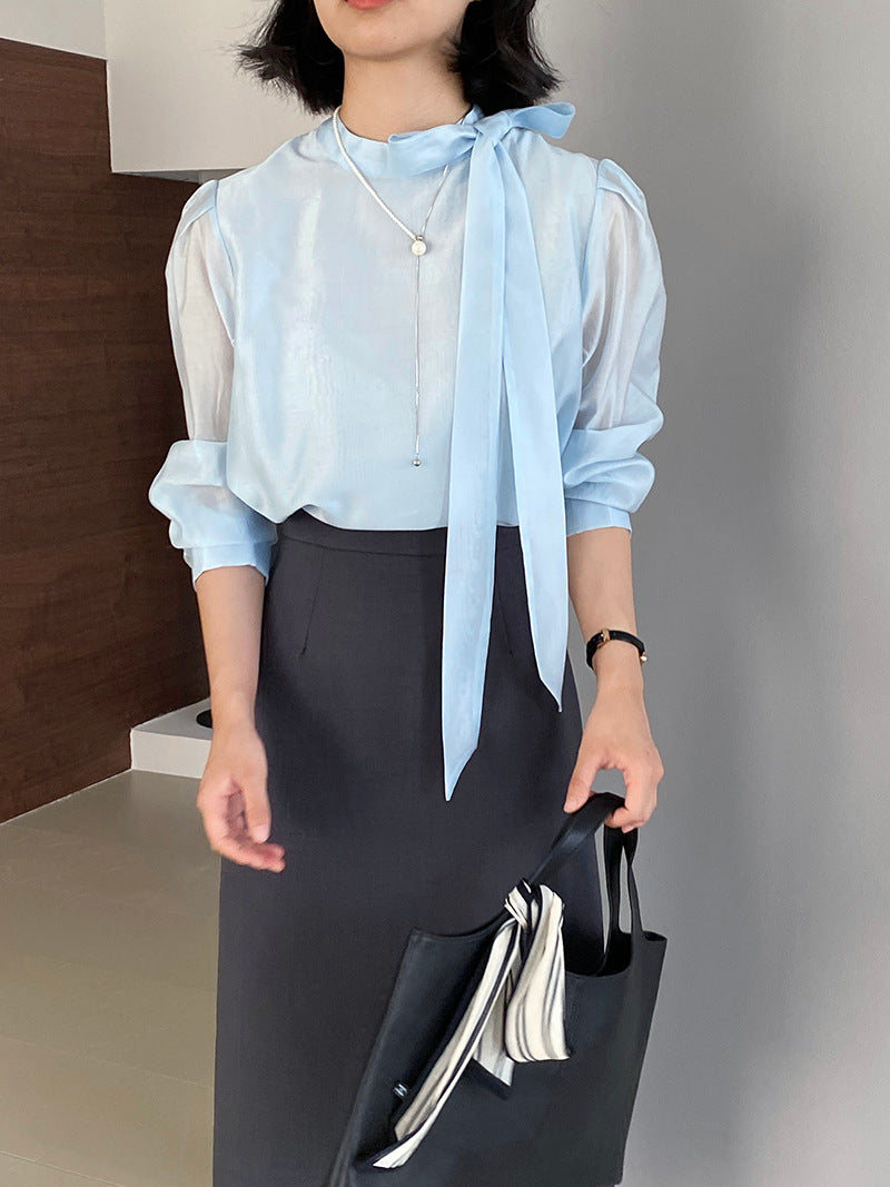 【cimz1186】韓系知性通勤🤍質感蝴蝶結飄帶天絲半高領長袖襯衫260319