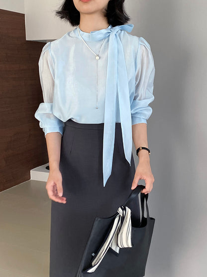 【cimz1186】韓系知性通勤🤍質感蝴蝶結飄帶天絲半高領長袖襯衫260319