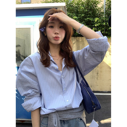 【L10122】韓系粉嫩少女感🌸慵懶風寬鬆顯瘦直條紋長袖襯衫/疊穿上衣260428