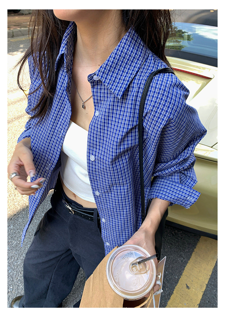 【H5401】實拍後背開叉藍色格子長袖襯衫250902