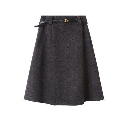 【LD11070】實拍氣質毛呢A字傘裙＋腰帶251209