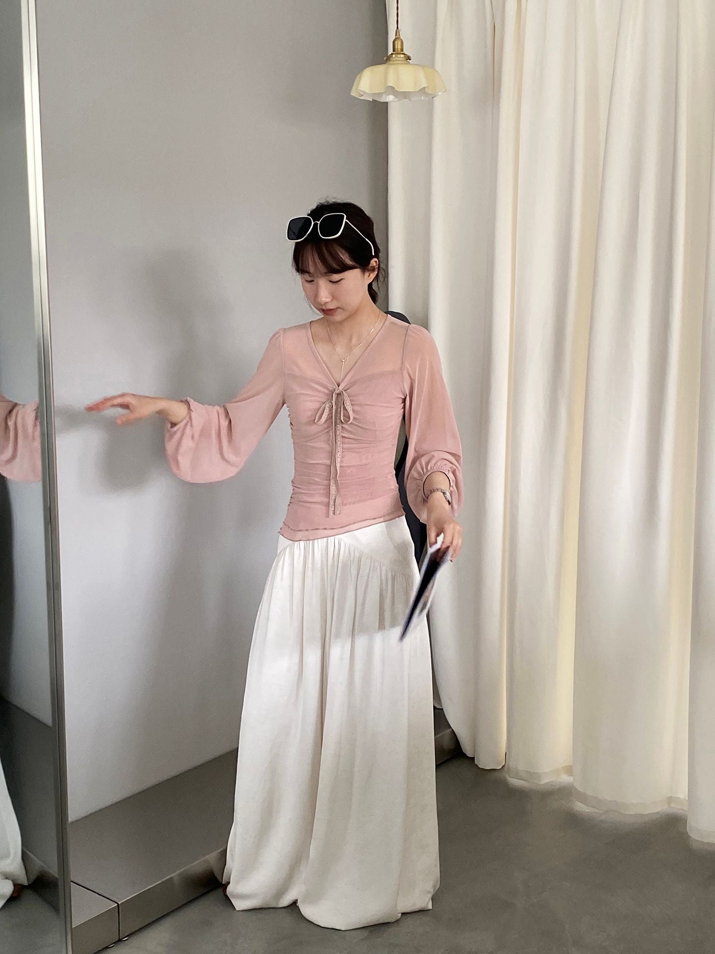 【cimz6520】美貌持有✨韓系溫柔純慾風網紗透膚喇叭袖上衣260402