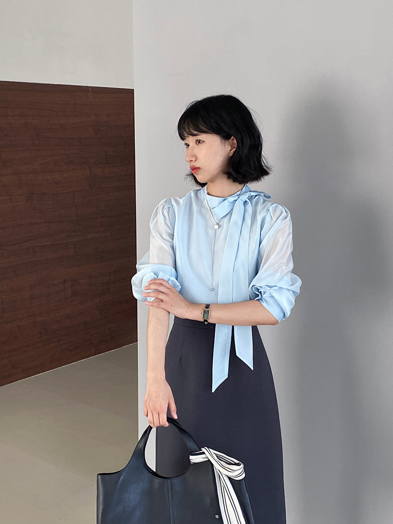 【cimz1186】韓系知性通勤🤍質感蝴蝶結飄帶天絲半高領長袖襯衫260319