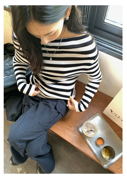 【H5399】實拍韓系簡約氣質一字領露肩針織衫250902