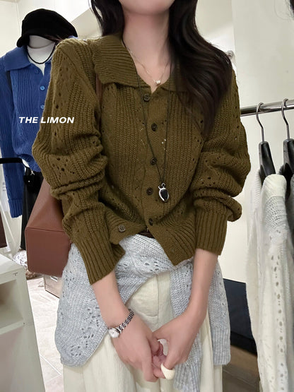 【LSC1072】檸檬簍空polo領針織開衫251117
