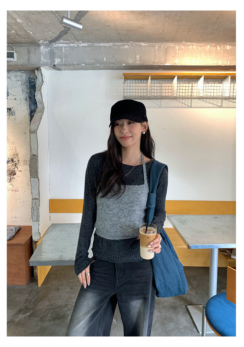 【H5393】實拍韓系簡約長袖針織衫＋休閒針織背心250902