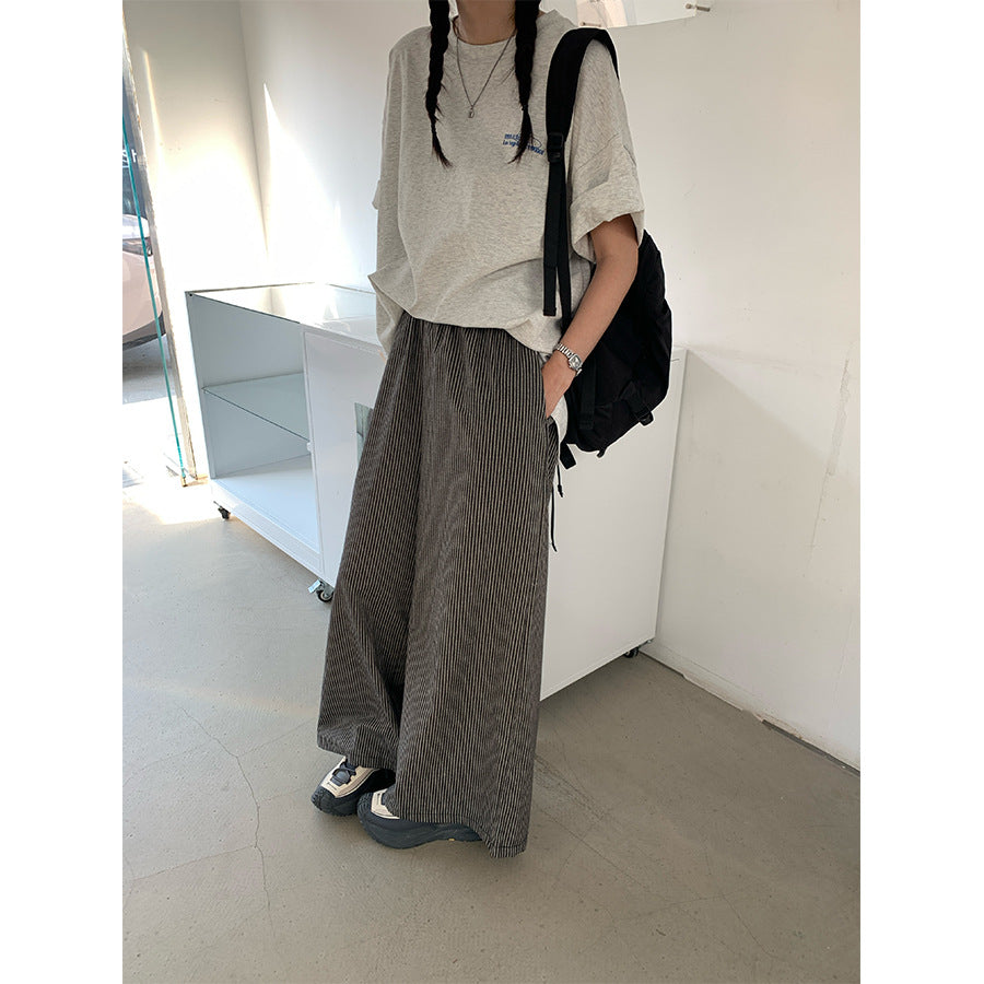 【H5277】實拍韓系條紋闊腿褲 顯瘦高腰直筒寬褲夏季休閒長褲250520