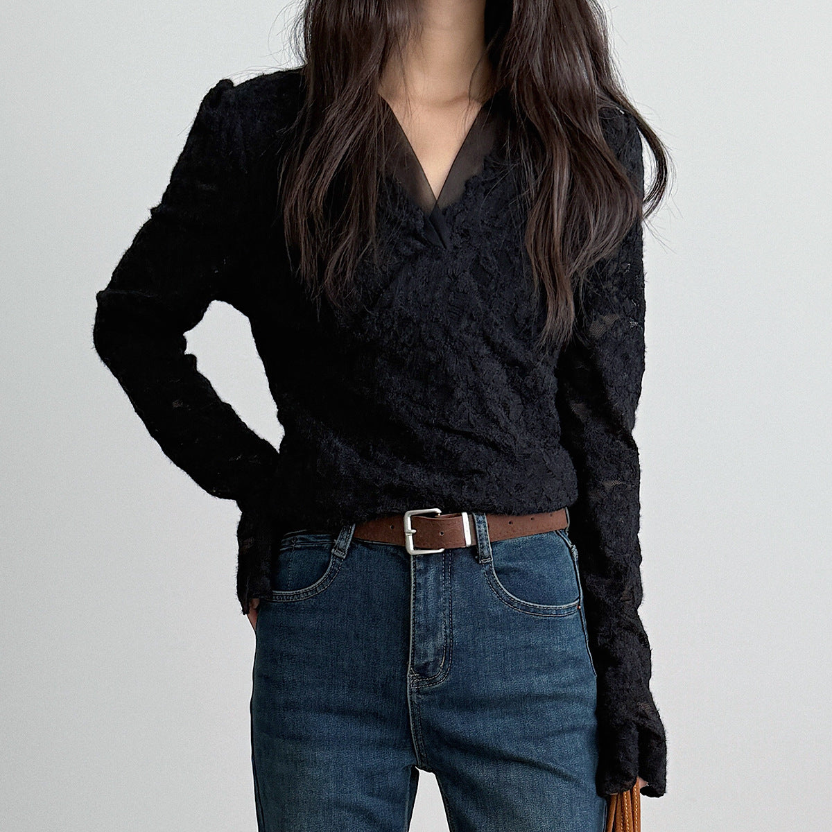 【LD3295】實拍法式喇叭袖加絨蕾絲衫251103