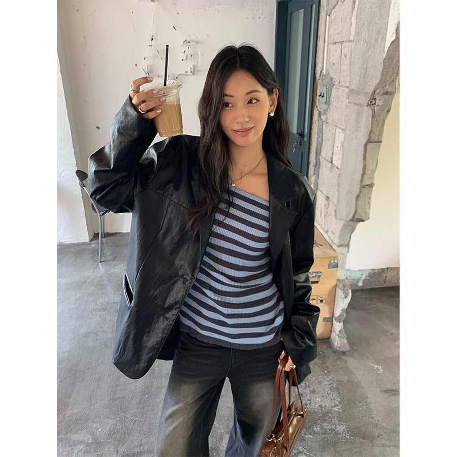 【H5398】實拍韓系高級感黑色皮衣西裝外套250902