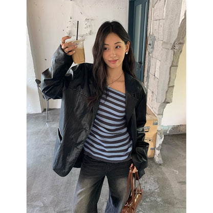 【H5398】實拍韓系高級感黑色皮衣西裝外套250902