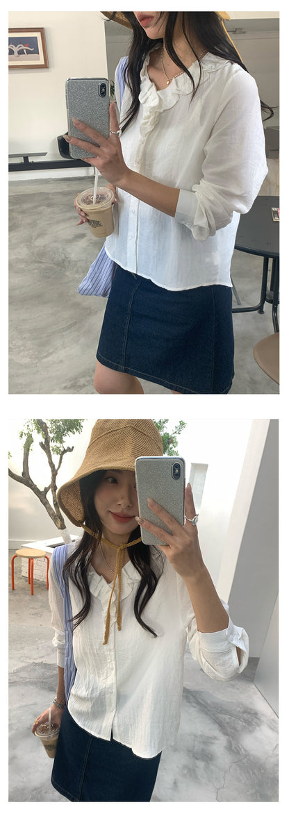 【H5021】實拍法式小清新荷葉V領長袖襯衫250210