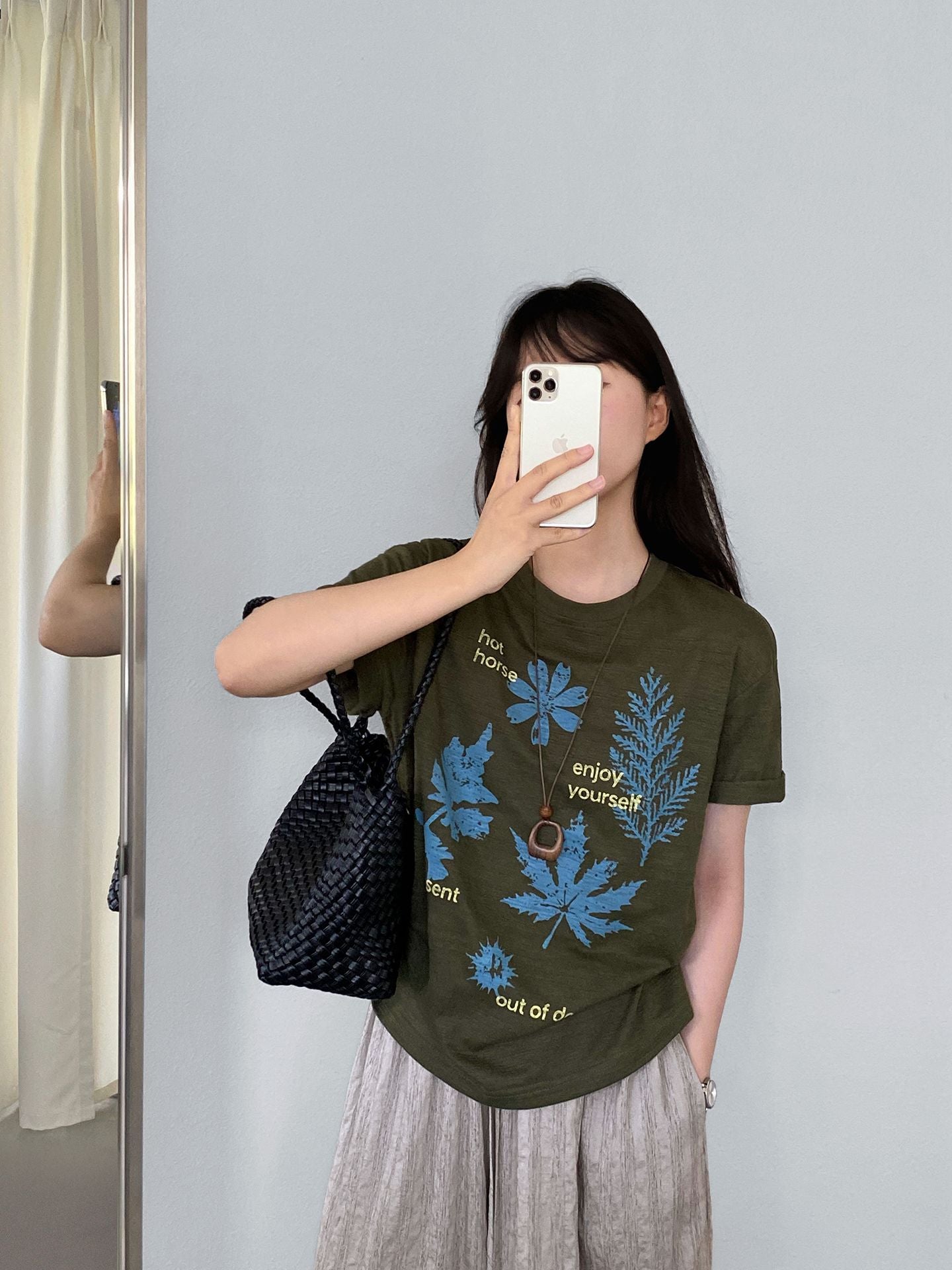 【cimz1973】夏日森林系女孩🍃韓系復古樹葉印花寬鬆高級感短袖T恤260709