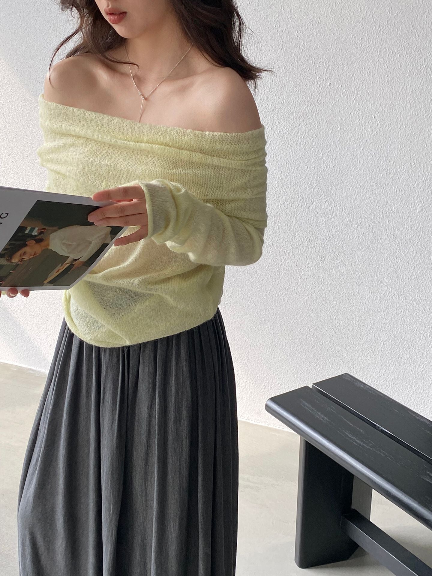 【cimzF632】微性感慵懶風💜羊毛10%一字肩顯瘦露肩長袖針織衫260319