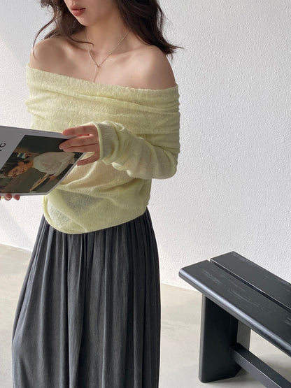 【cimzF632】微性感慵懶風💜羊毛10%一字肩顯瘦露肩長袖針織衫260319