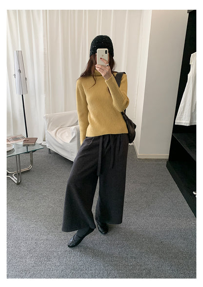 【H5491】實拍秋冬毛呢鬆緊腰加厚闊腿休閒褲251109