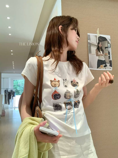 【L10373】實拍檸檬家可愛🐶蝴蝶結小狗印花修身正肩短袖T恤260330