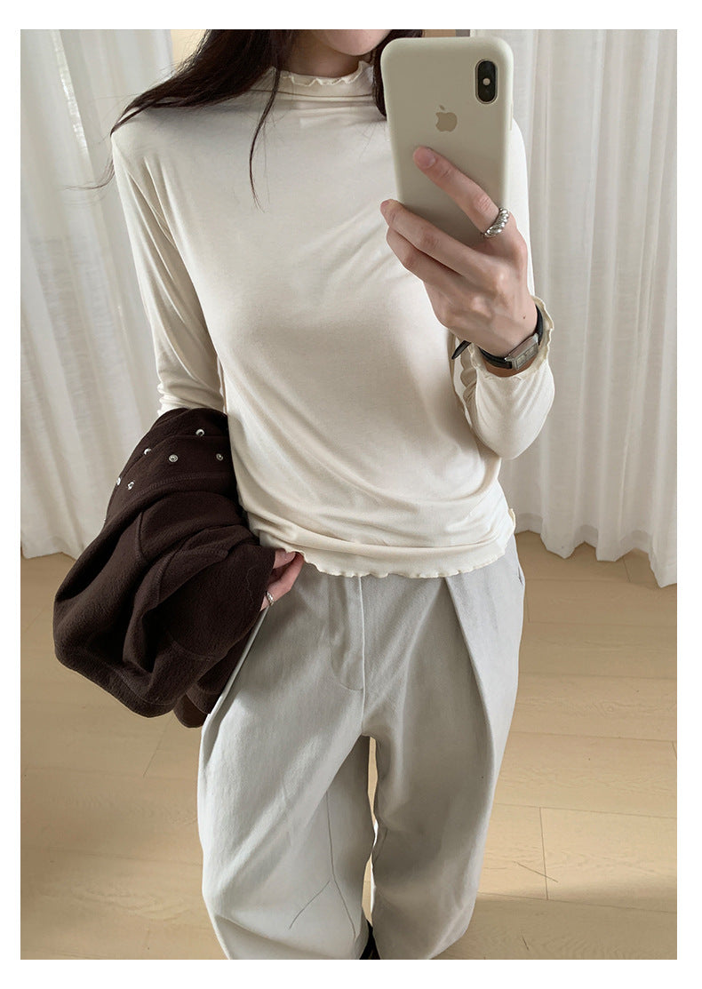 【H568】實拍基礎款木耳邊半高領純色打底衫251021