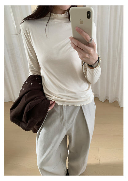 【H568】實拍基礎款木耳邊半高領純色打底衫251021