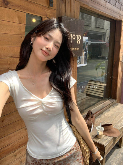 【LTM1702】韓系休閒曲線美✨設計感百搭修身顯瘦V領扭結短袖T恤260602