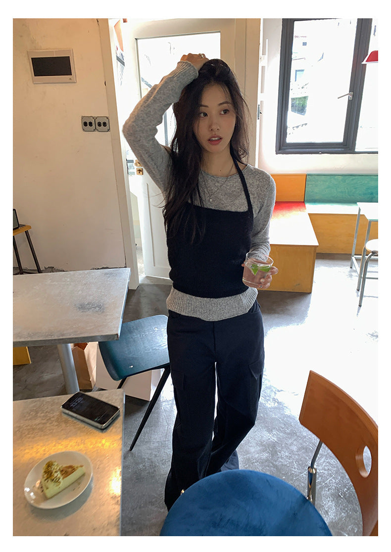 【H5393】實拍韓系簡約長袖針織衫＋休閒針織背心250902