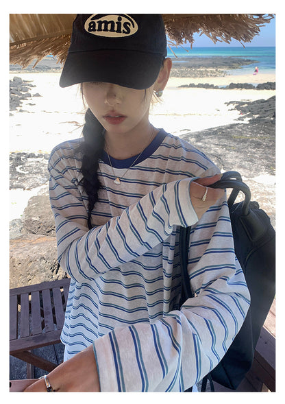 【H5386】實拍寬鬆薄款防曬圓領條紋長袖T恤250902