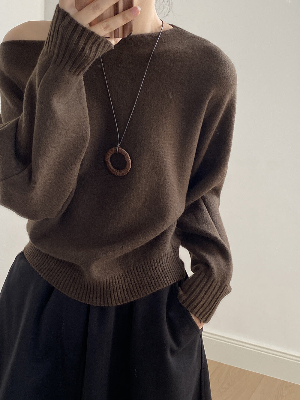 【YP2081】 實拍一字領斜肩慵懶針織毛衣251023