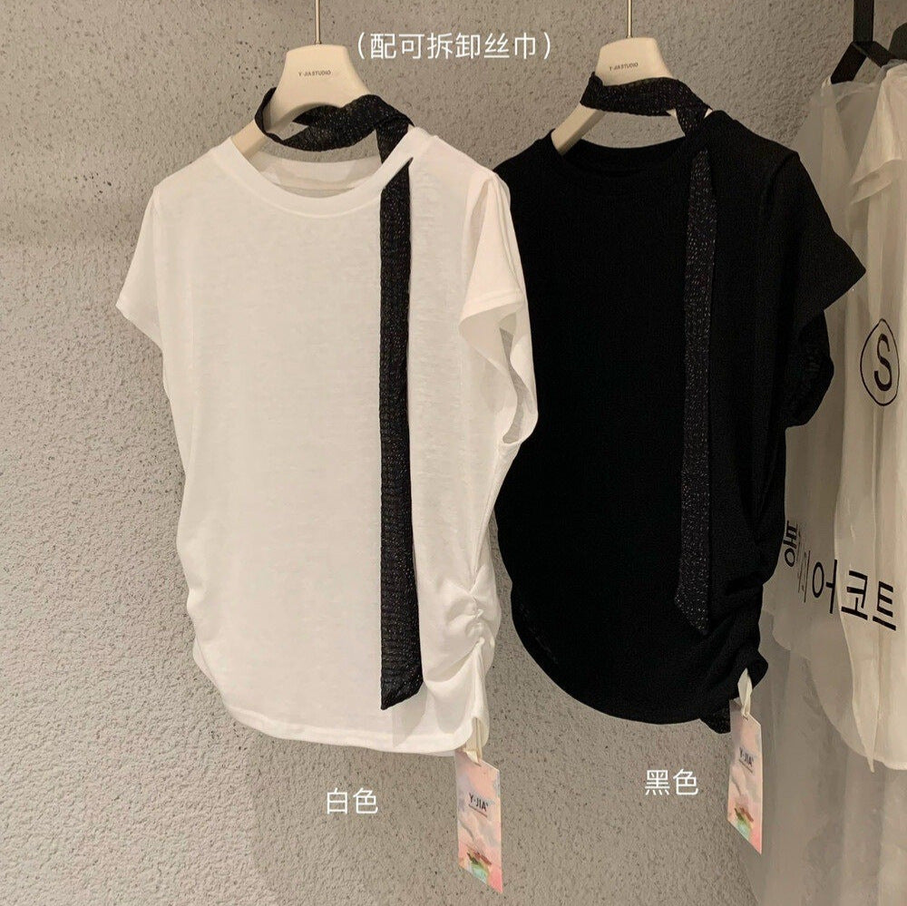 【L8939】Y.JIA韓系設計感日常☁️收腰顯瘦氣質圓領短袖T恤上衣(附絲巾)260602